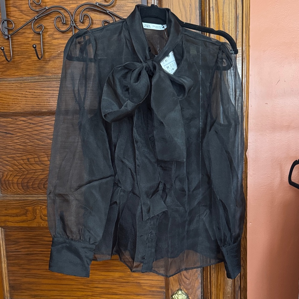 Zara Black Sheer Bow-Neck Blouse